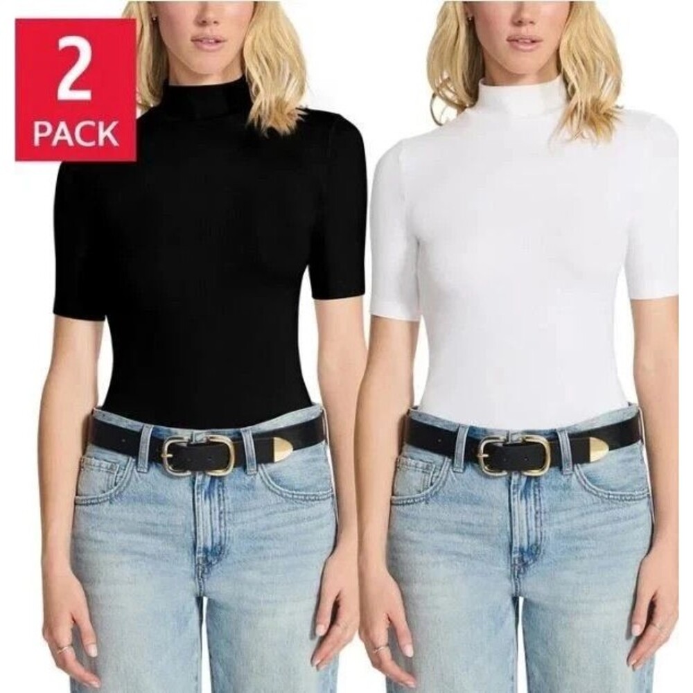 Steve Madden Ribbed Mock Neck Bodysuit 2 Pack Black Cream Women’s Medium